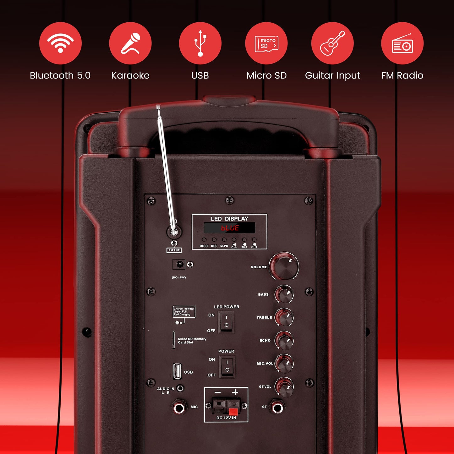 Pyle 15’’ Bluetooth Portable PA Speaker System – Rechargeable Karaoke Party Speaker with Wireless & Wired Microphones, LED Lights, Tablet Stand, USB/SD/FM Radio, Trolley Wheels for Indoor/Outdoor Use