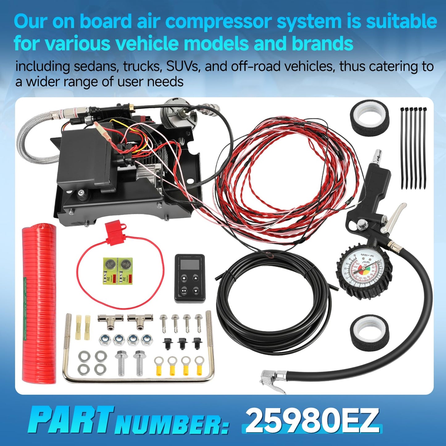 25980EZ Wireless On Board Air Compressor System, Air Spring Compressor Kit, with a portable tire inflation kit