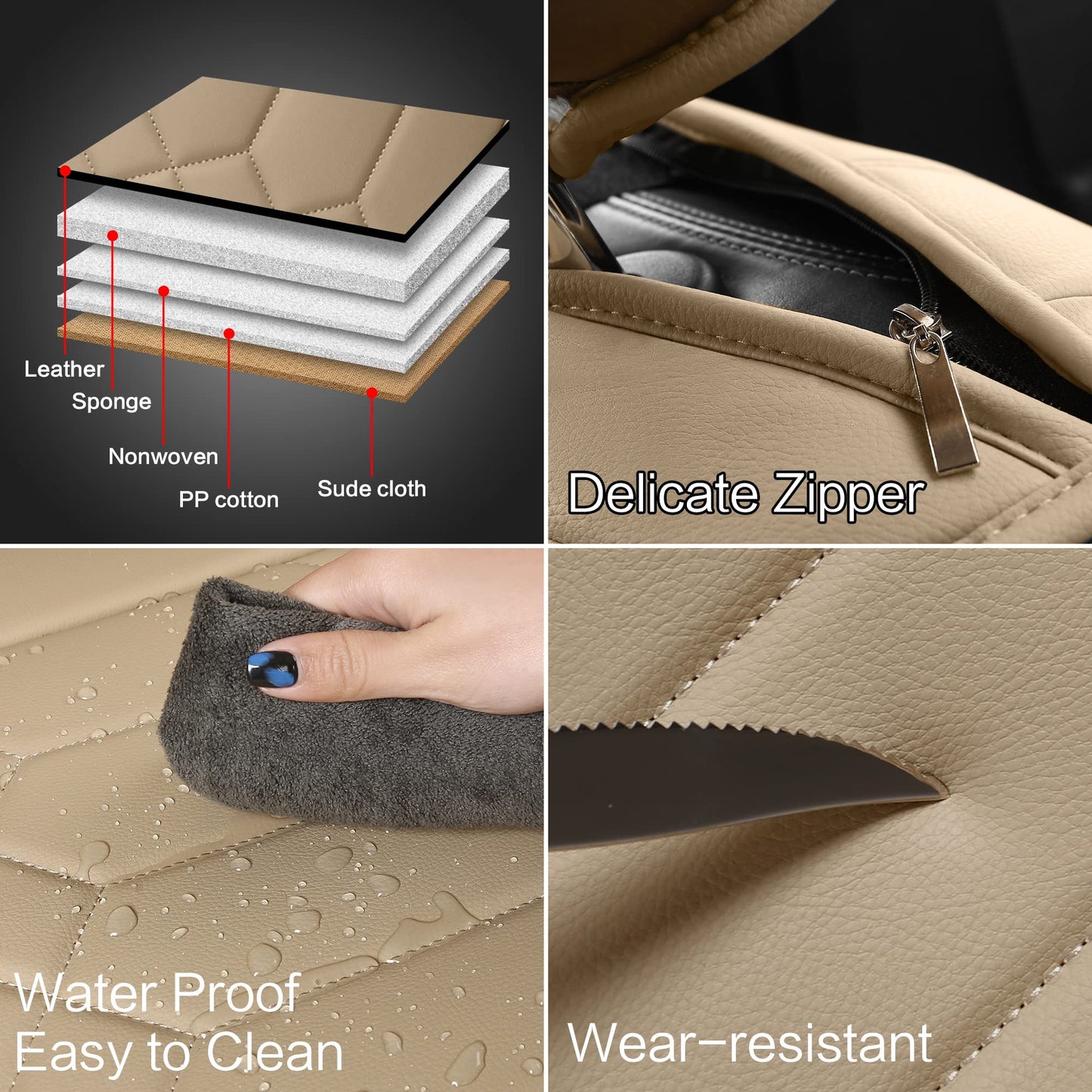 HAIYAOTIMES Leather Car Seat Covers Full Set, Waterproof Faux Leather Seat Covers for Cars, Non-Slip Car Interior Covers Universal Fit for Most Cars Sedans Trucks SUVs, Beige