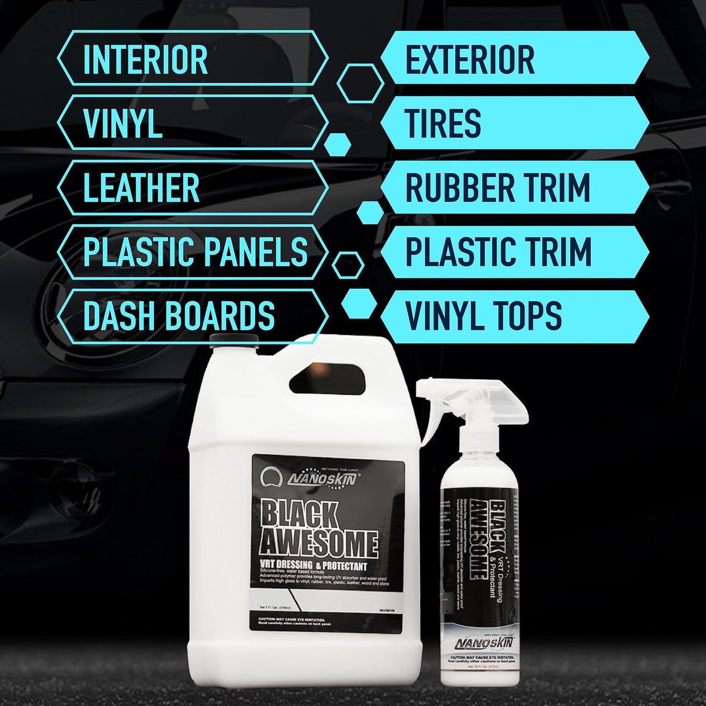 Nanoskin BLACK AWESOME Silicone-Free VRT Dressing Protectant 5 Gallons – Adjustable Like-New Finish to Vinyl, Rubber, Tire, Trim, Plastic, Interior & More | Safe for Cars, Trucks, Motorcycles, RVs