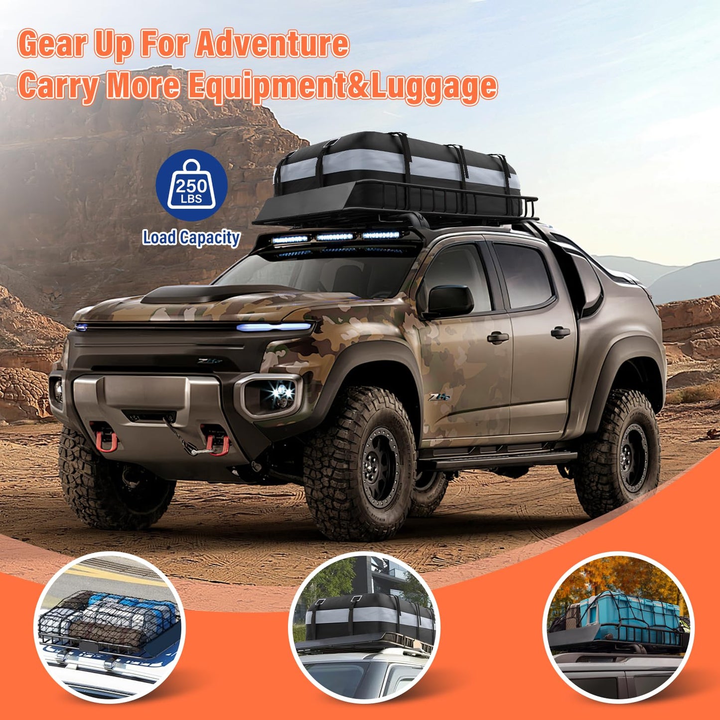 Heavy Duty Universal Rooftop Cargo Carrier Roof Rack, 64"x36"x5" Roof Rack Basket with 20 Cu.Ft Waterproof Bag, for SUV, Truck and Van, 250lbs Capacity, Corrosion Resistant, Steel Construction