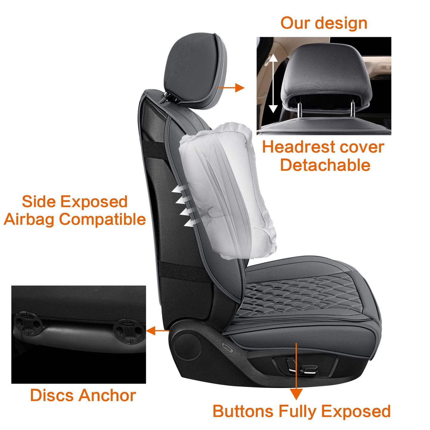 Pariitadin Leather Car Seat Covers Full Set, Waterproof Breathable Faux Leather Automotive Seat Covers for Cars, Non-Slip Car Interior Covers Universal Fit Most Cars Sedans Trucks SUVs, Gray