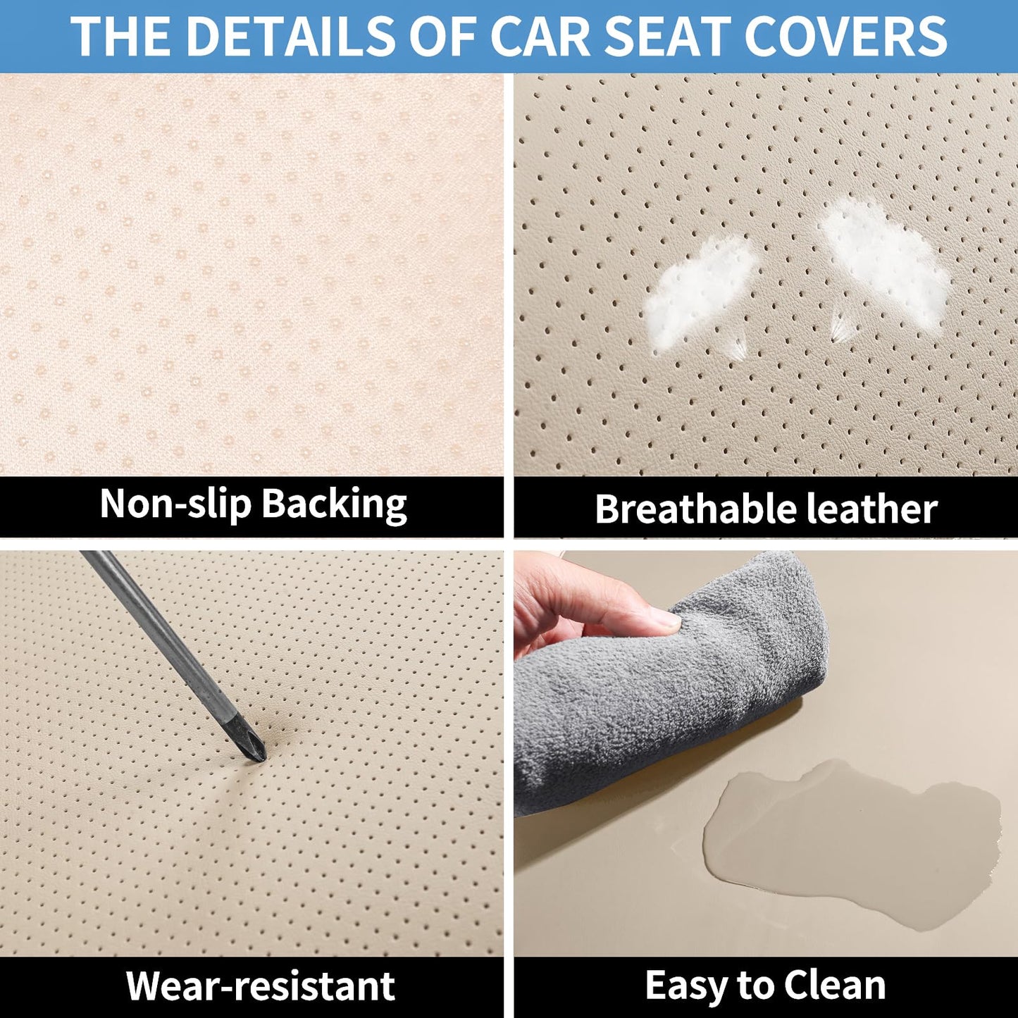 hoozoom Leather Car Seat Covers Full Set Breathable Automotive Seat Covers Waterproof Seat Protectors Universal Fit for Most Automotive Cars SUV Trucks(Beige, Full Set)