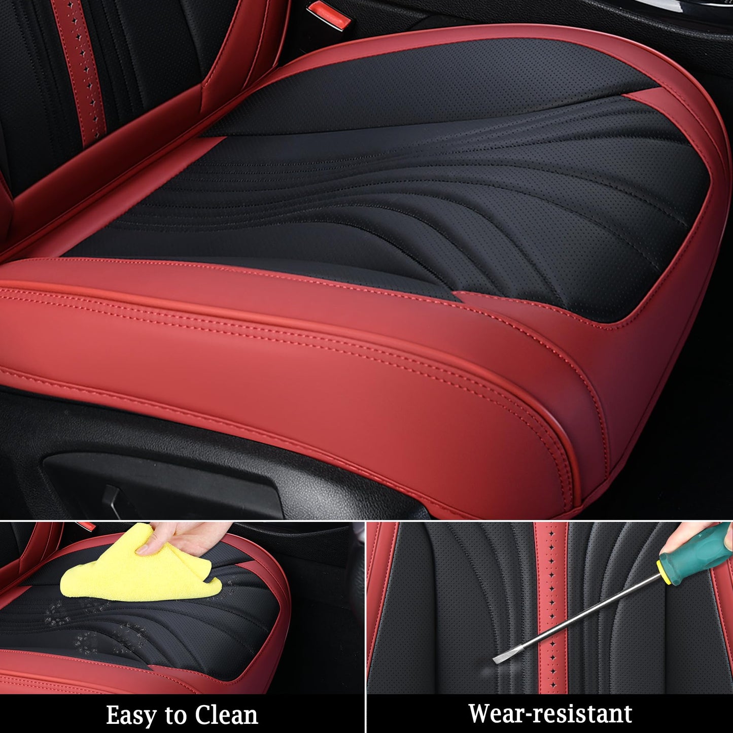 FLORICH Leather Seat Covers Full Set, Luxury 5 Seats Universal Black and Red Seat Cover for Cars, Waterproof Seat Protectors, Leatherette Automotive Vehicle Cushions for Most Cars SUV Trucks