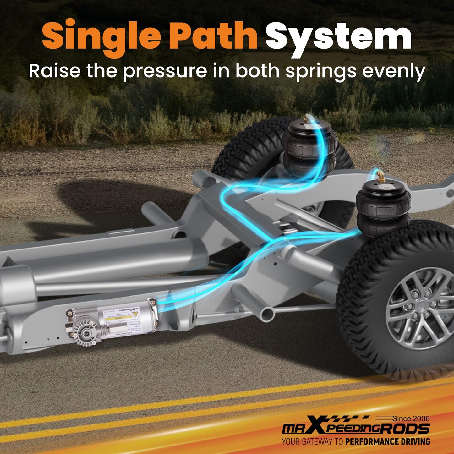 maXpeedingrods On Board Air Compressor System Up to 120 PSI Air Spring Compressor Kit with Analog Gauge Air Line T Fittings Single Path System for Trucks Vans