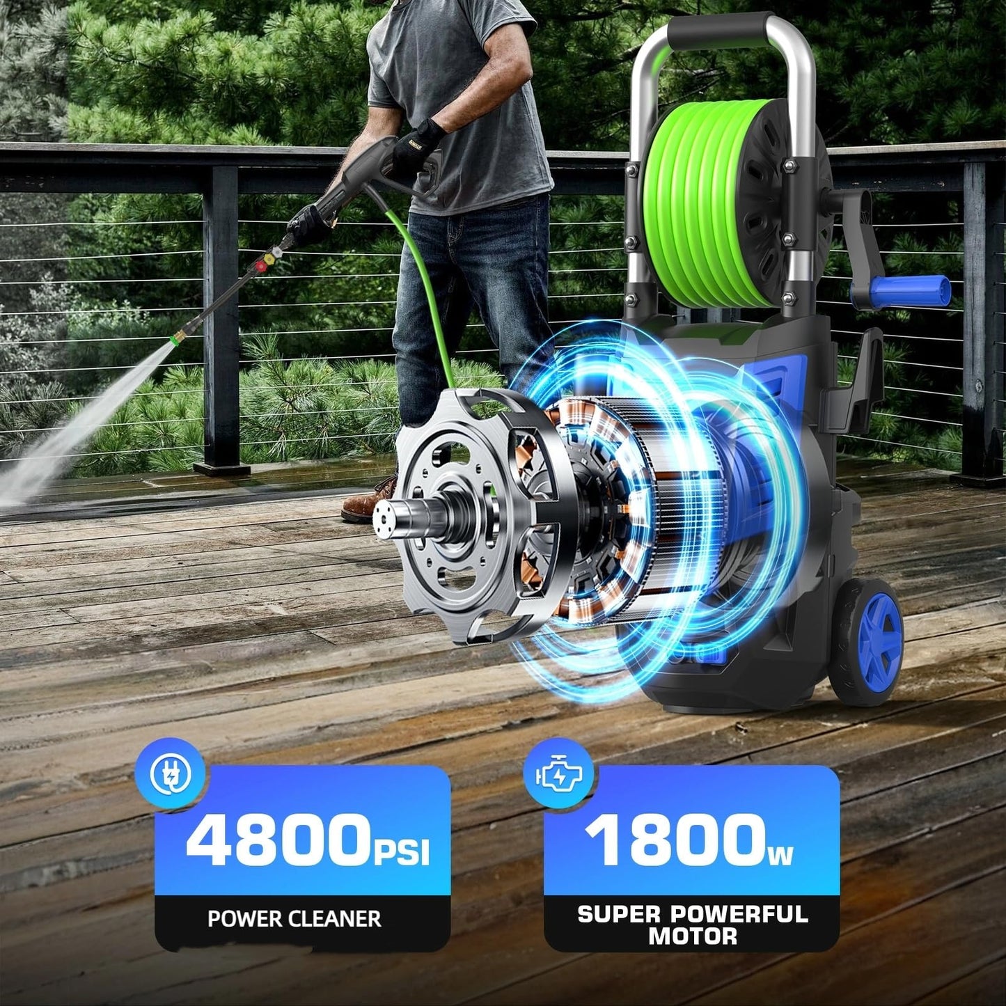 4800 PSI Pressure Cleaner- 4.0 GPM High Power Cleaner with 33FT Hose Reel, 4 Spray Tips and Soap Bottle for Car Washing, Fence Cleaning, Patio Maintenance（Upgraded）(Blue)