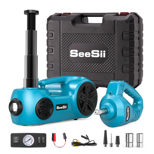 SEESII Electric Car Jack Kit 5 Ton 17.7 Inch Lift Range 3in1 car jack Hydraulic with Impact Wrench and Tire Inflator Floor Jack for SUV/Pickup/Truck/Sedan Roadside Emergency Tire Change Spare Tool Set