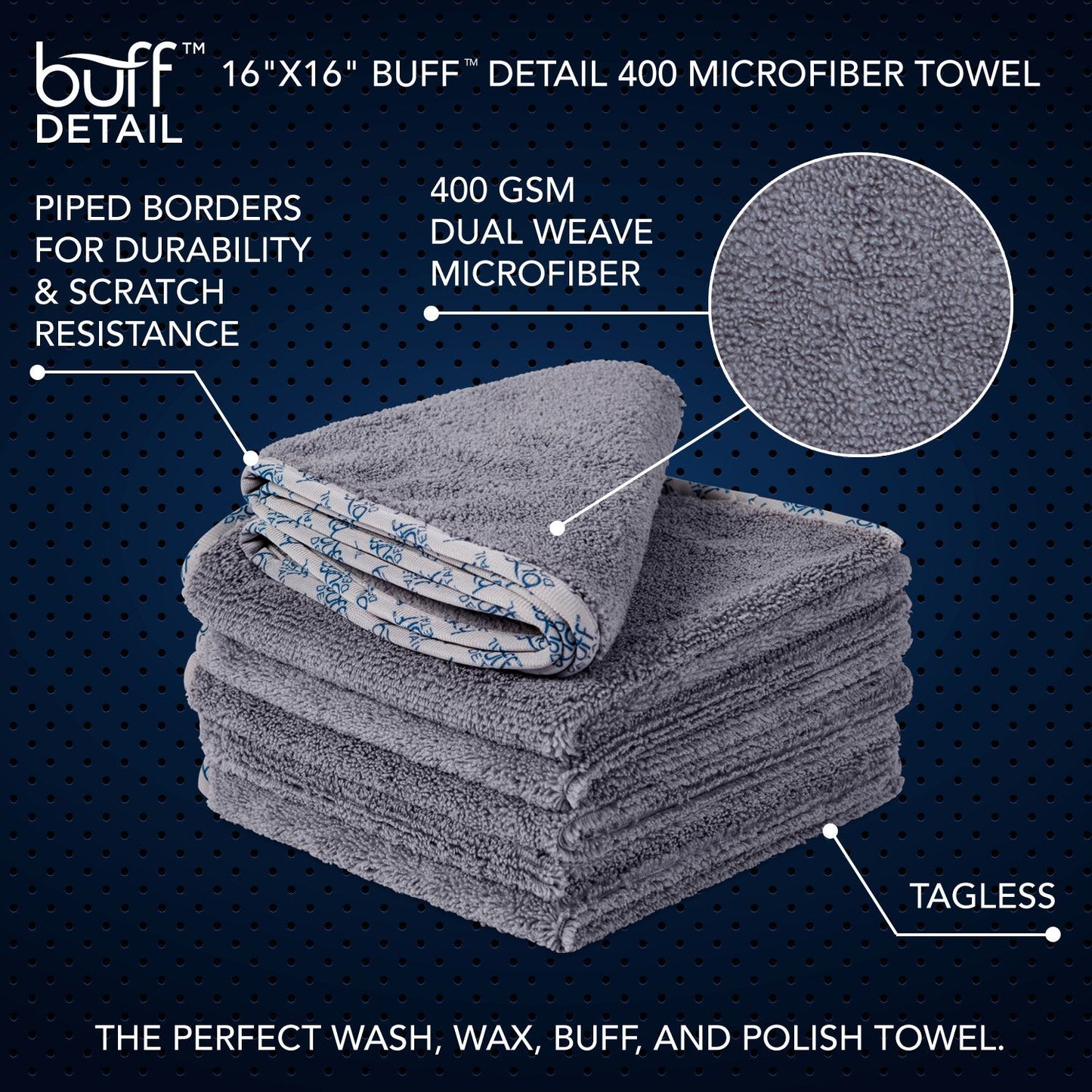 Detail Microfiber Car Towels Bulk (16"x 16")| 400 GSM | 80/20 Blend | Tagless | Soft Satin Piped Edges | All-Purpose Auto Detailing - Wax, Buff, Polish, Wash, Dry | Case of 144 (Gray)