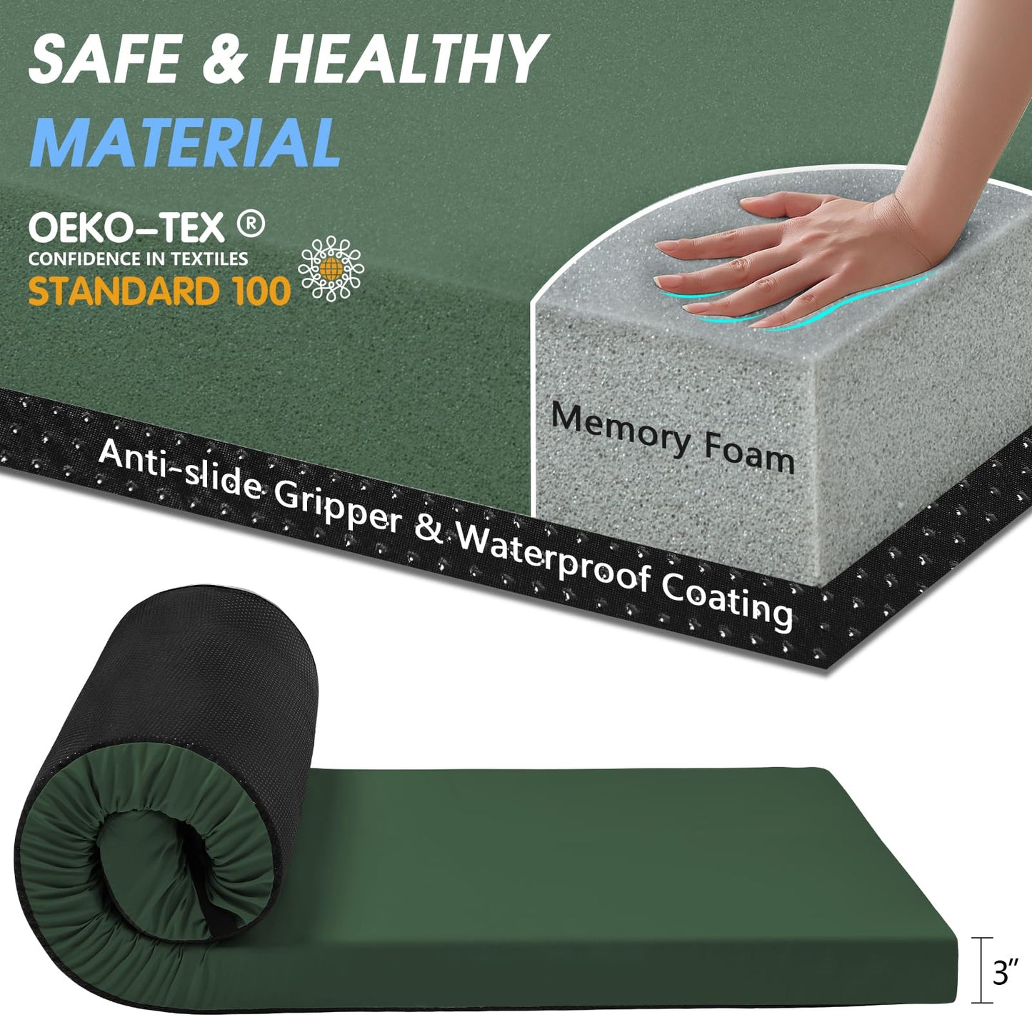 CYMULA Memory Foam Camping Mattress Pad 3 Inch Thick Portable Floor Sleeping Mat [car/Tent/Cot] Sleepover Guest Bed Roll up Mattress for Indoor Outdoor Travel with Bag(Twinxl 80 * 38 * 3")