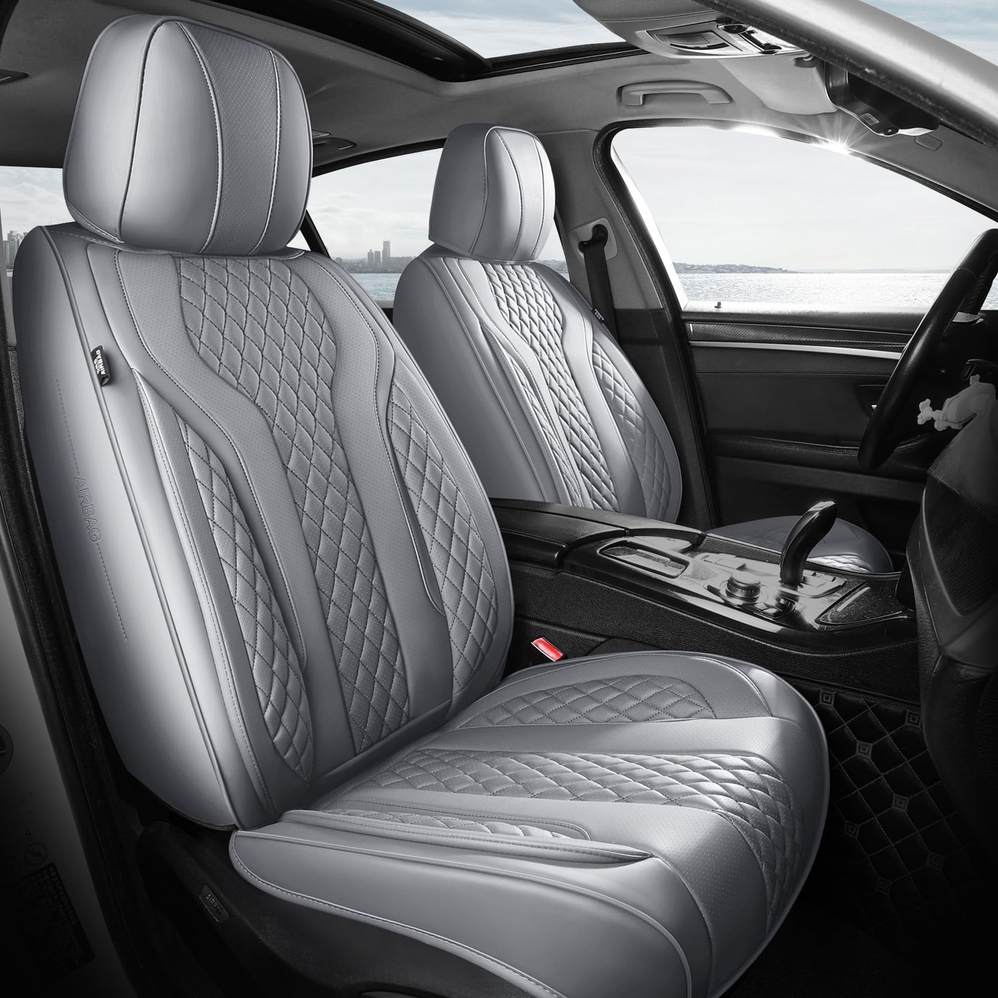 FEINEPRO Leather Car Seat Covers - Breathable Faux Leather Seat Covers Full Set for Cars SUV Sedan - Waterproof - Grey