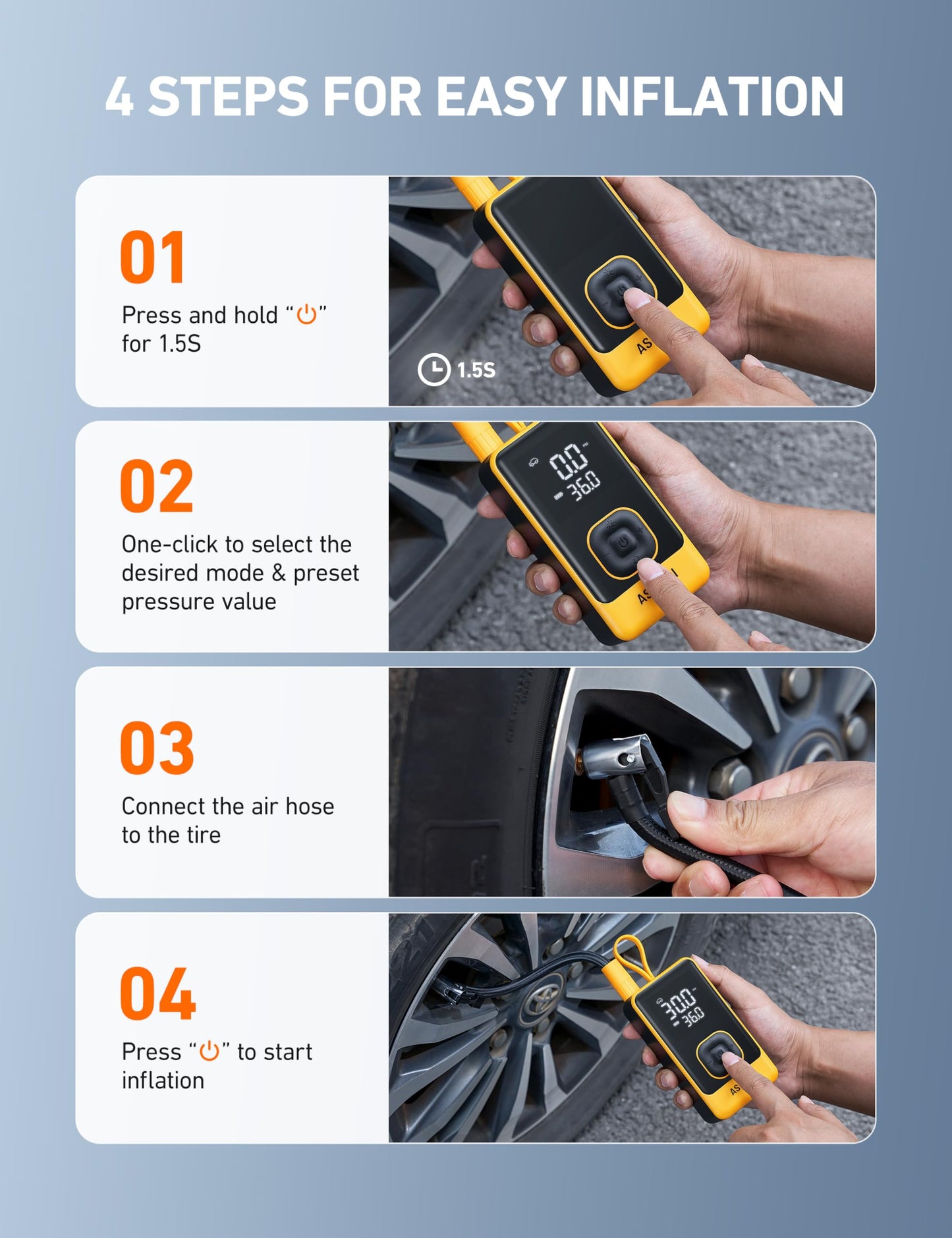 AstroAI L7 Air Tire Inflator Portable Air Compressor, 150PSI Electric Cordless Bike Pump with Fast 1-min Inflation, Auto Shutoff, LED Light – Rechargeable for Car, SUV, Motorcycle, Bike Tires, Yellow