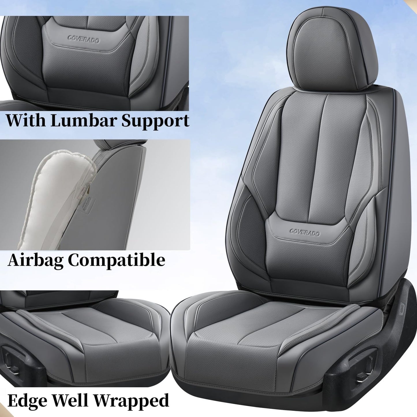 Coverado Seat Covers, Car Seat Covers Front Seats, Car Seat Cover, Car Seat Protector Waterproof, Car Seat Cushion Nappa Leather, Gray Seat Covers Carseat Cover Universal Fit for Most Cars