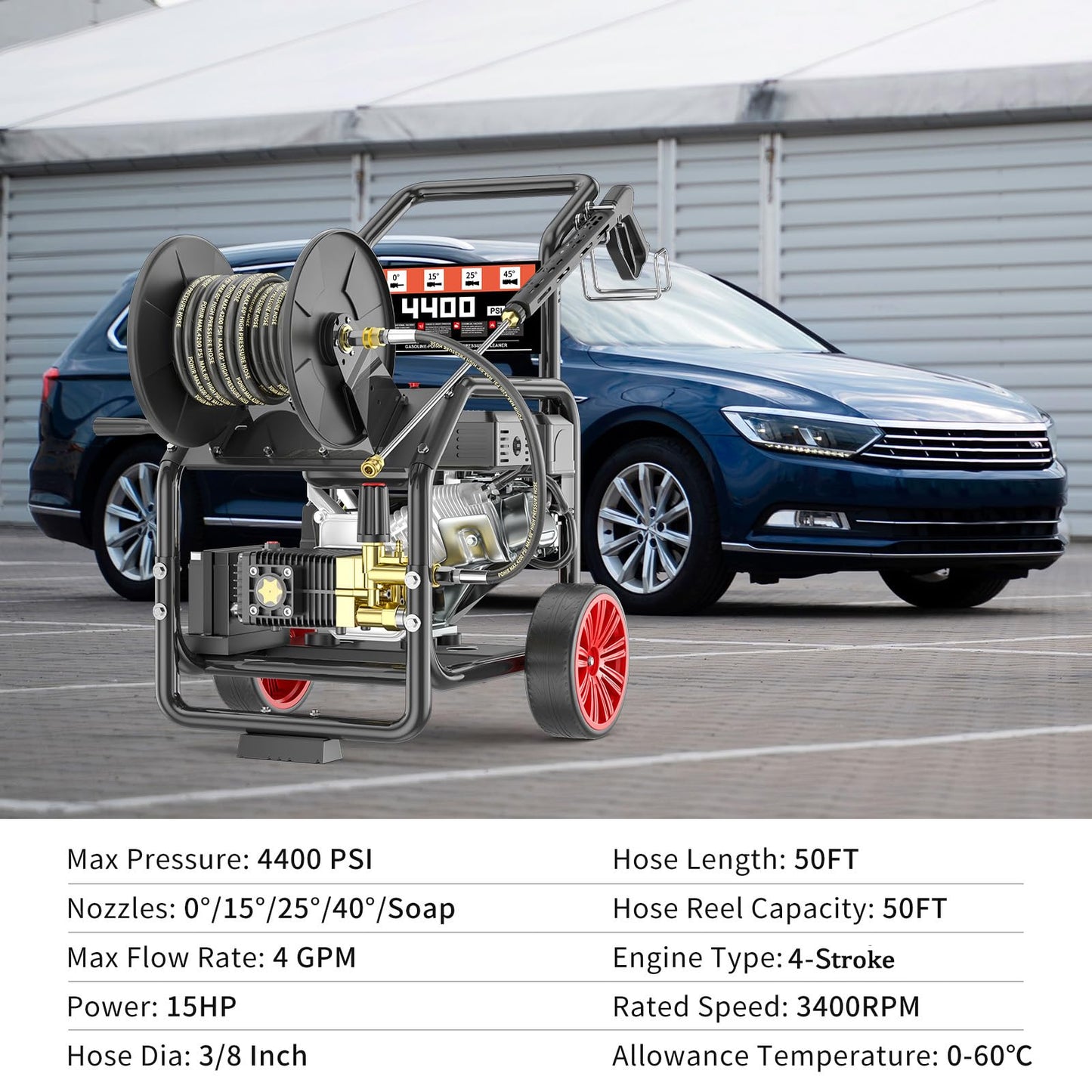 KARHDIR 4400PSI Gas Pressure Washer with Hose Reel, One-Button Start 296cc 15HP 4-Cycle Engine, 4.0 GPM Heavy Duty Power Washer with 50FT 3/8" Hose, Spray Gun & Wand, 5 Quick Connect Nozzles