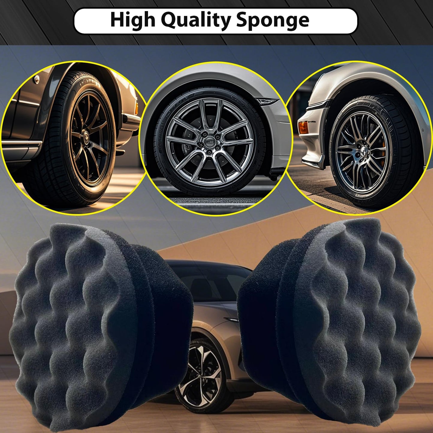 2 Pcs Large Tire Shine Applicator, Reusable Tire Dressing Applicator Wave Contoured, Tire Sponge Pads for Car Detailing Cleaning, 4.33 inch