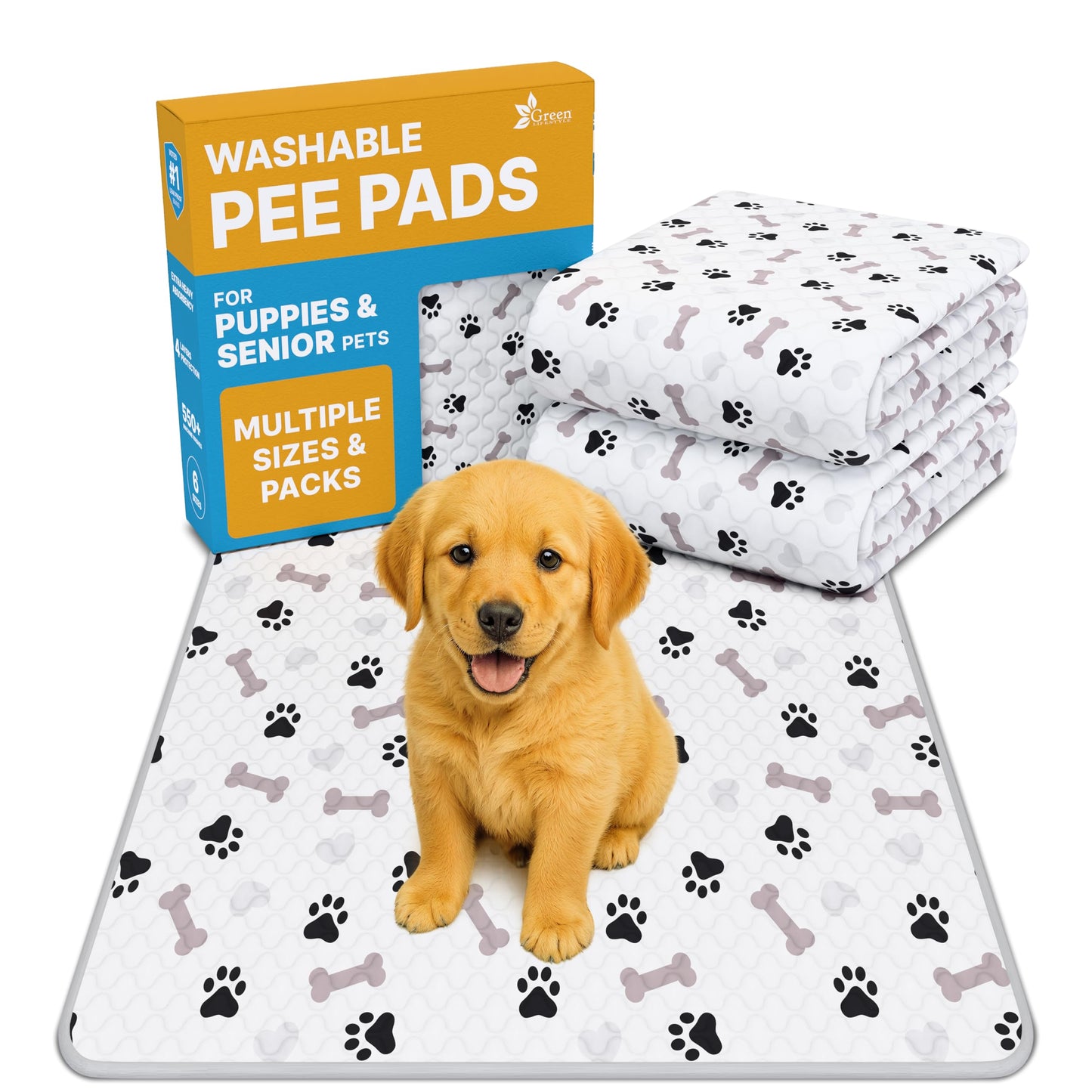 GREEN LIFESTYLE Washable Pee Pads for Dogs - Waterproof Reusable Puppy Pads with Anti-Slip Backing, Pet Training Pad for Puppy Playpen, Crate, Whelping Box, Potty Training (Pack of 2 - 34x36)