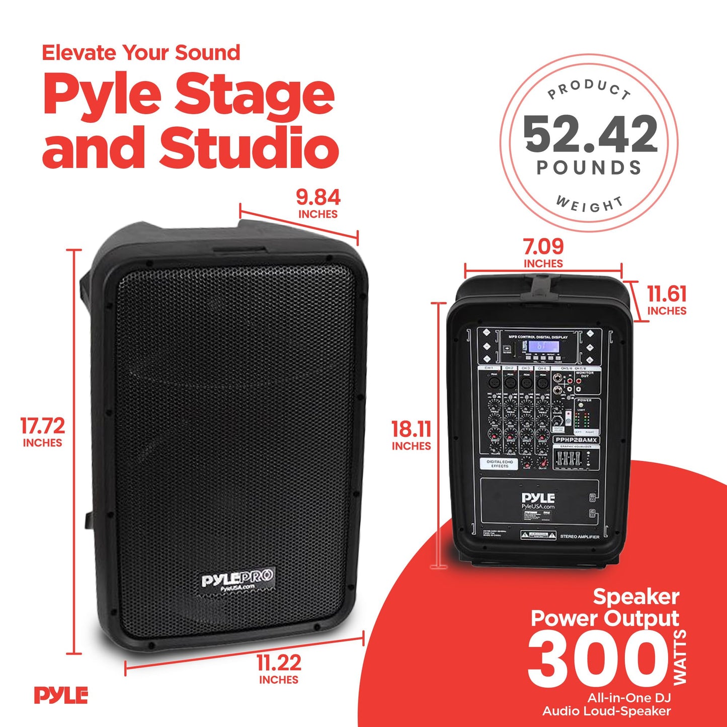 Pyle PA Speaker DJ Mixer Bundle - 300 W Portable Wireless Bluetooth Sound System w/ USB SD XLR 1/4" RCA Inputs - Dual Speaker, Mixer, Microphone, Stand, Cable - Home/Outdoor Party - PPHP28AMX,Black