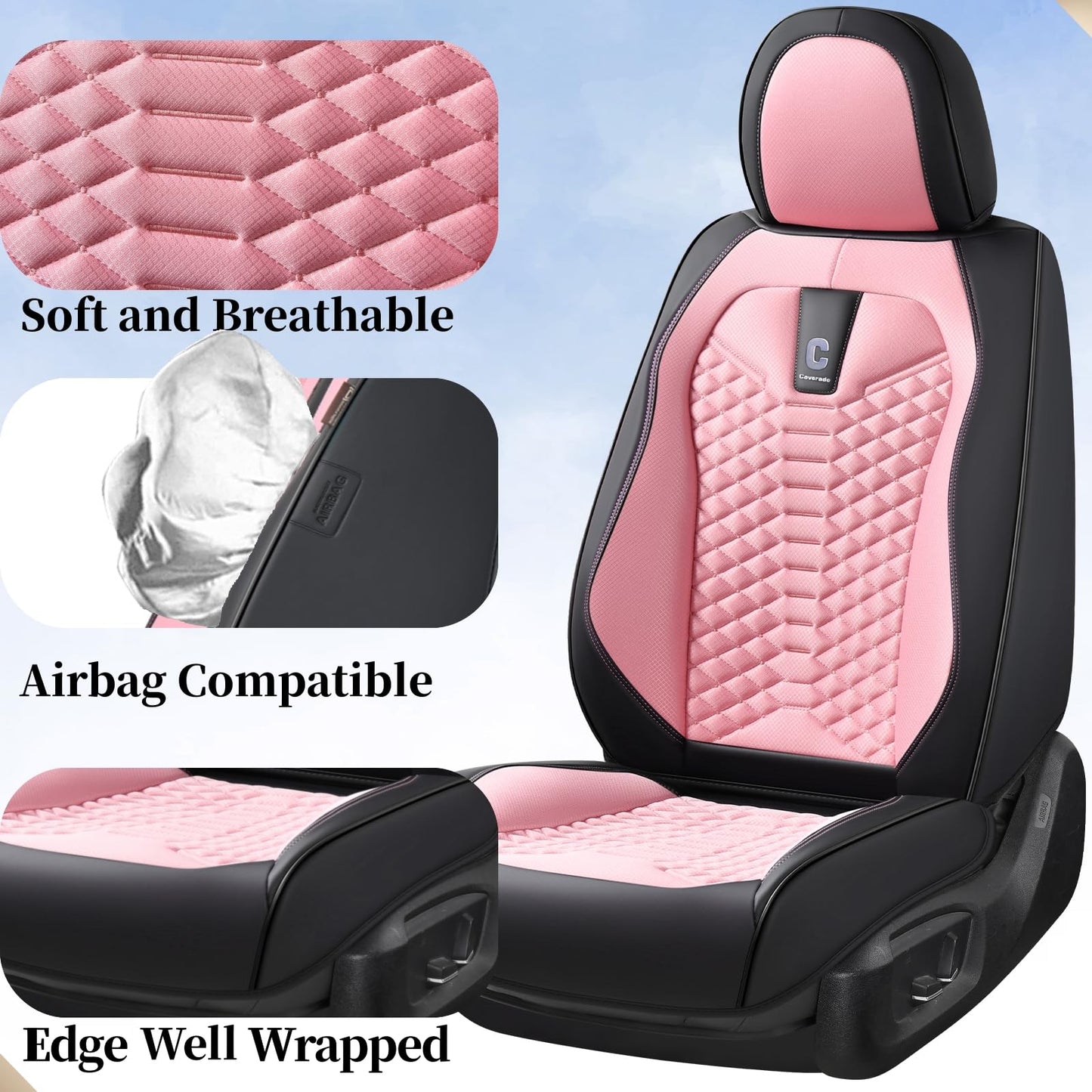 Coverado Car Seat Covers Full Set, 5 Seats Universal Seat Covers for Cars, Breathable Fabric& Faux Leather Auto Seat Cushions, Front and Rear Seat Protectors Fit for Most Sedans SUV Truck, Pink