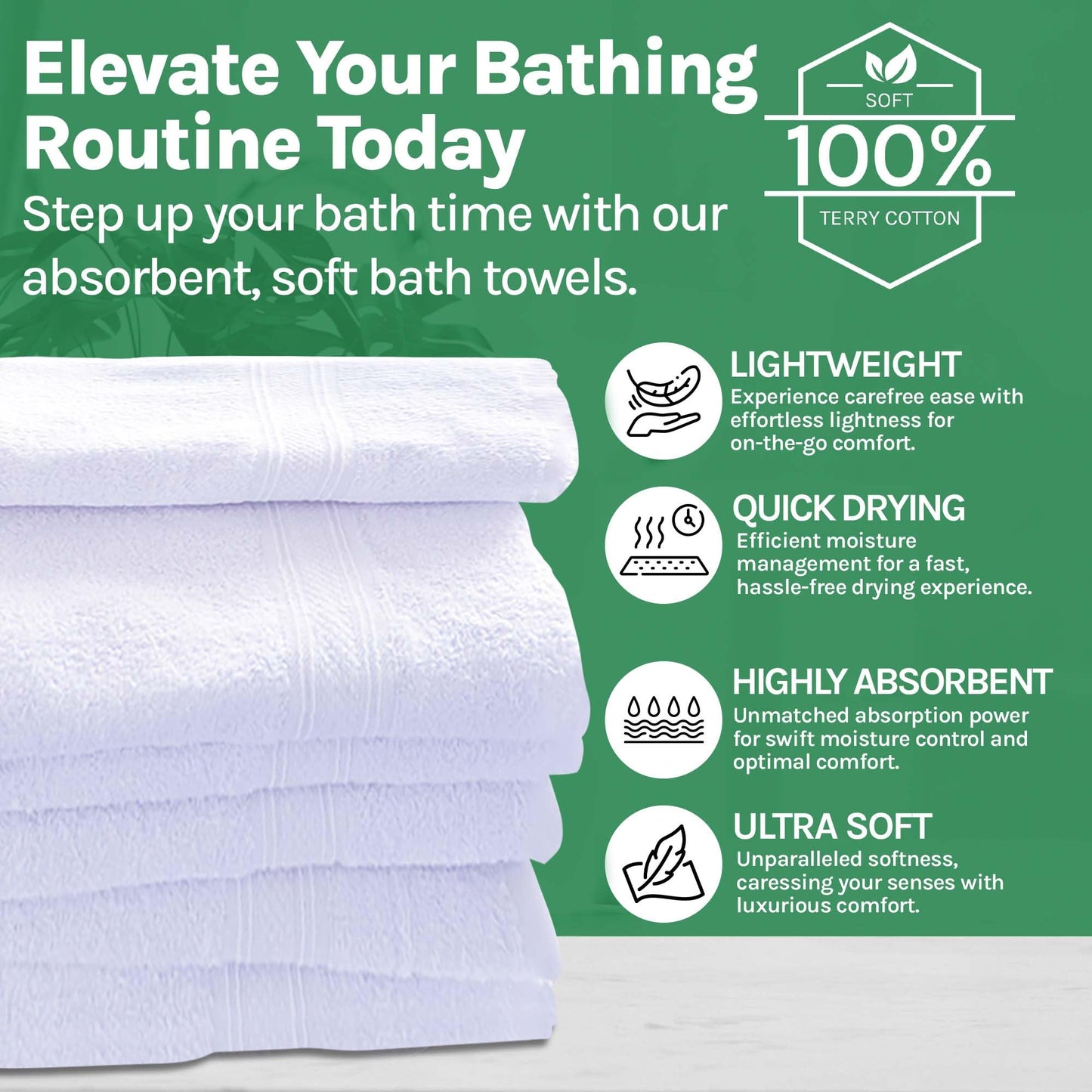 Towels N More 24x48 White Bath Towels - 60 Pack Premium Cotton, Lightweight Soft for Adults, Absorbent Set Ideal for Bathroom, Home, Spa, Hotels/Motels, & Gym Use