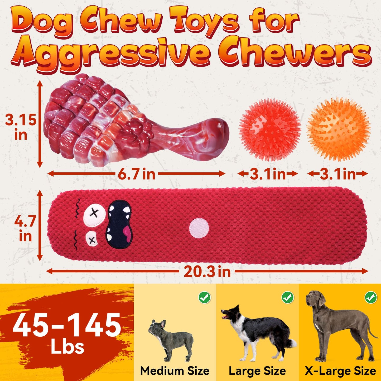 KIPRITII Heavy - Duty Dog Chew Toys for Aggressive Chewers – 6 Pack Tough Dog Toys Include Indestructible Chew Bone, Interactive Tug Toys & Squeaky Balls, Ideal for Medium & Large Breeds Dogs