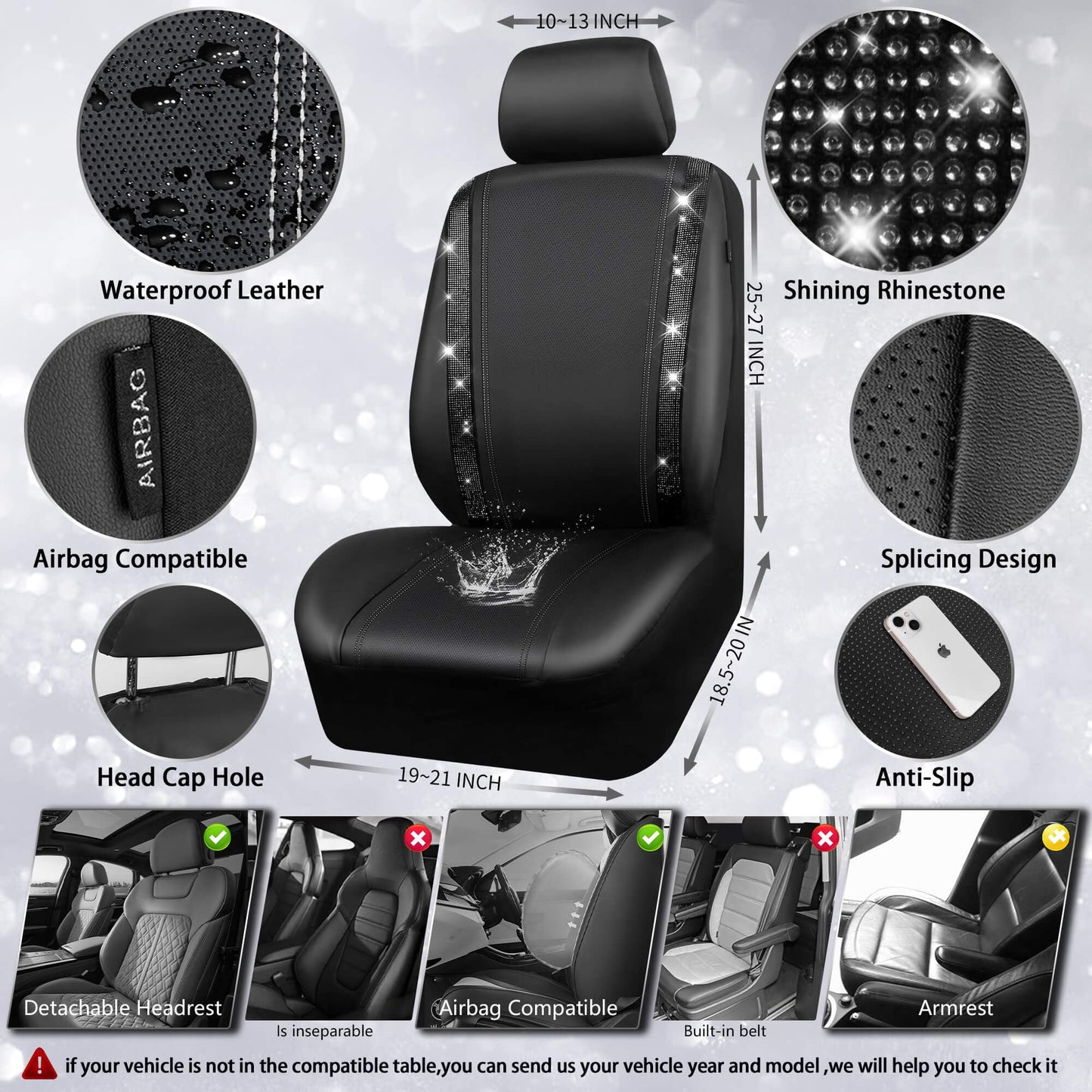 CAR PASS Leather Bling Diamond Car Seat Covers Full Set, Shining Rhinestone Waterproof Durable Rear with Zipper, Universal Fit Automotive Glitter Crystal Sparkle Strip for Cute Women Girly Black