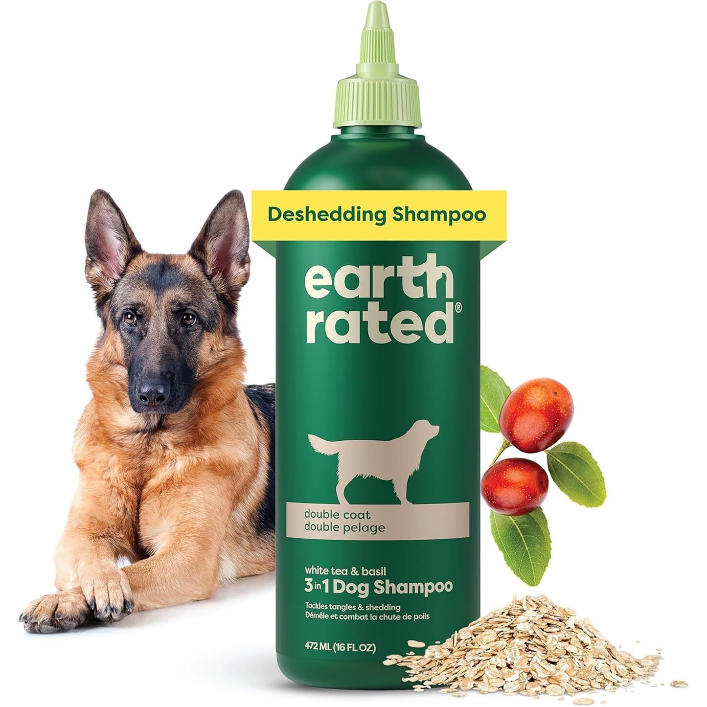 Earth Rated 3-in-1 Deshedding Dog Shampoo and Conditioner, Deodorizing Oatmeal Shampoos for Dogs and Puppies, Great for Smelly Pets, White Tea and Basil Scent, 16 oz