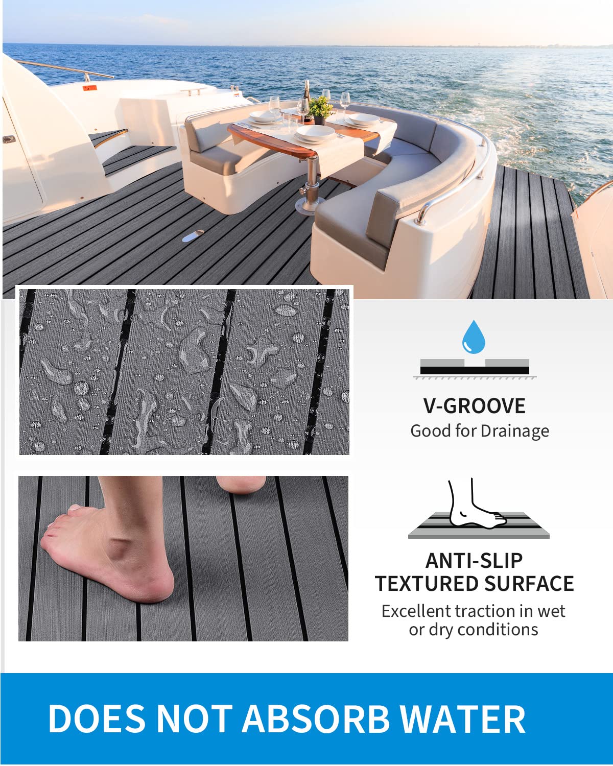 OCEANBROAD Self-Adhesive 96''x45.6'' Boat Flooring with 3M Adhesive Backing EVA Foam Boat Decking Faux Teak Marine Non-Slip Sheet for Jon Boats Yacht Helm Pad Floor, Dark Gray with Black Seam Lines