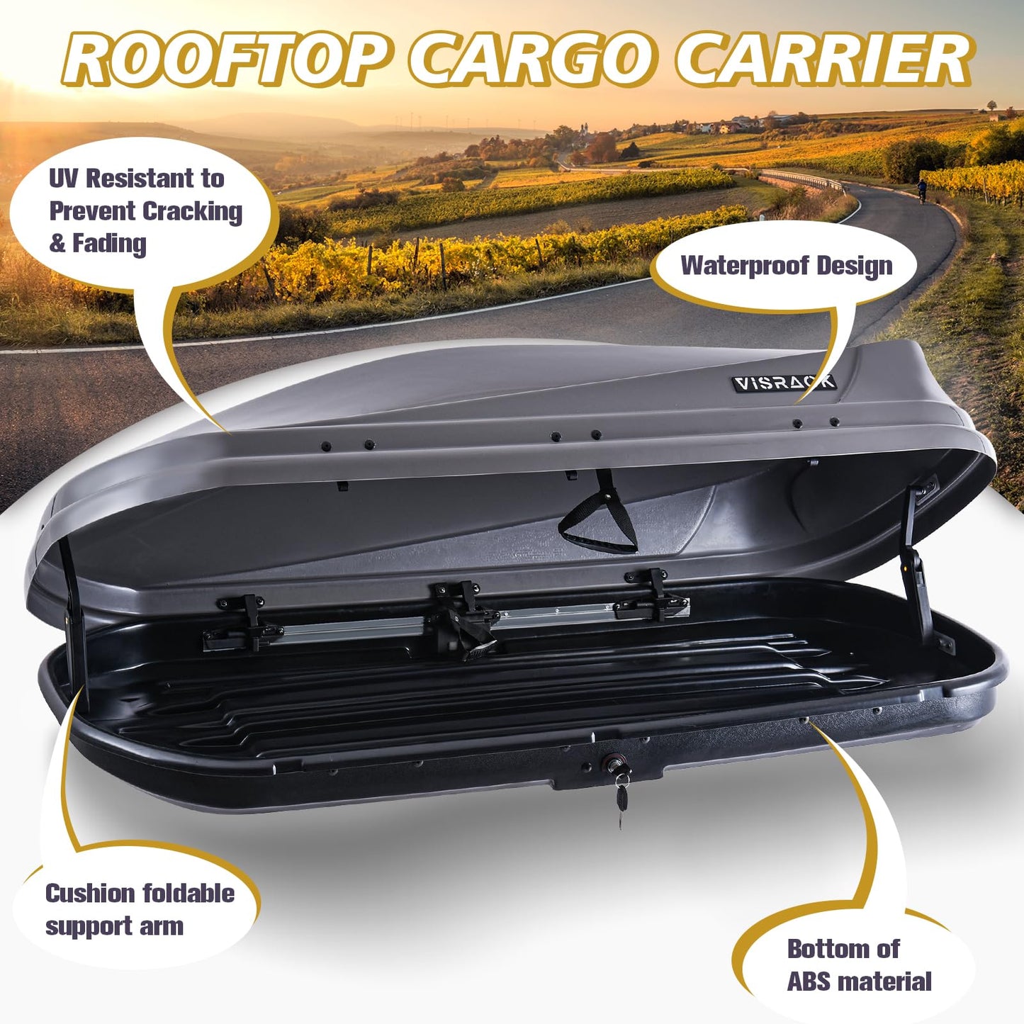 Hard Shell Rooftop Cargo Carrier with Roof Box, Heavy Duty Weatherproof 14 Cubic Feet Rooftop Cargo Carrier for Car Storage, Gray