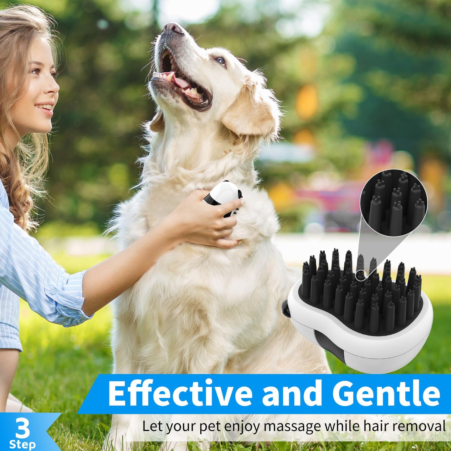 Comotech 3-in-1 Dog Grooming Brush | Adjustable Handle Shampoo Brush & Scrubber for Short & Long Haired Dogs & Cats (Blue Blue White)