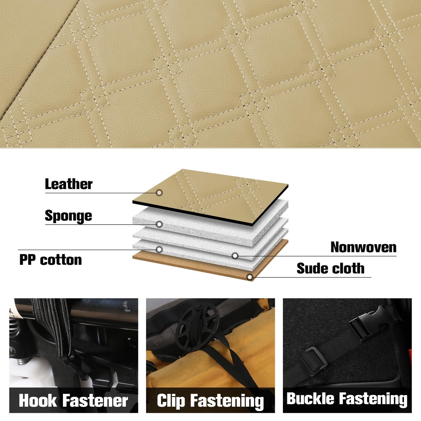 CAROMOP Luxury PU Leather Car Seat Covers Full Set-Waterproof Seat Protectors with Split Bench Seat Covers for Cars-Universal Cars Interior Covers for Sedans, SUVs, Pick-up Trucks(Beige/Beige Line)