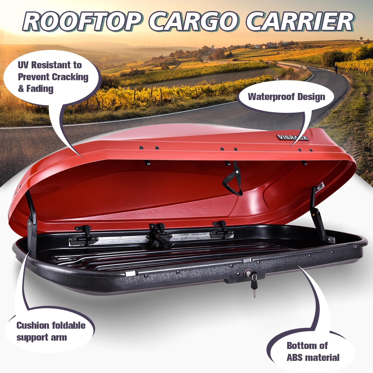 Potowo Rooftop Cargo Carrier Box, Large Hard Shell Roof Rack Cargo Carrier with Security Keys, Waterproof Rooftop Cargo Box, 62 (L) x 31 (W) x 15(H) Inches, 14 Cubic Feet (Red)