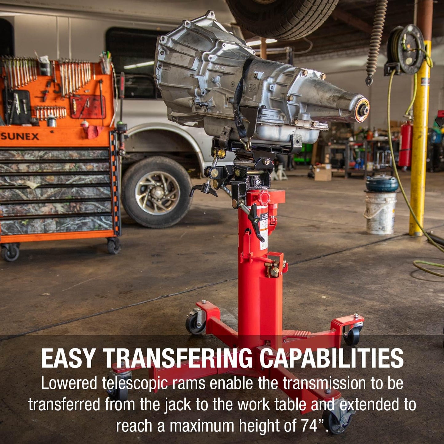 Sunex Tools 7796 1,000 lb Telescopic Transmission Jack, Air/Hydraulic, Foot & Hand Pump, Adjustable Saddle Arms, 73.5 in Max Height