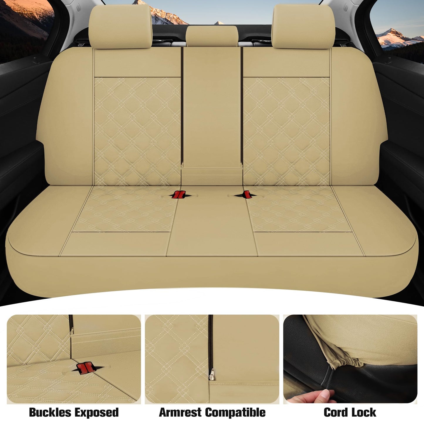 CAROMOP Luxury PU Leather Car Seat Covers Full Set-Waterproof Seat Protectors with Split Bench Seat Covers for Cars-Universal Cars Interior Covers for Sedans, SUVs, Pick-up Trucks(Beige/Beige Line)