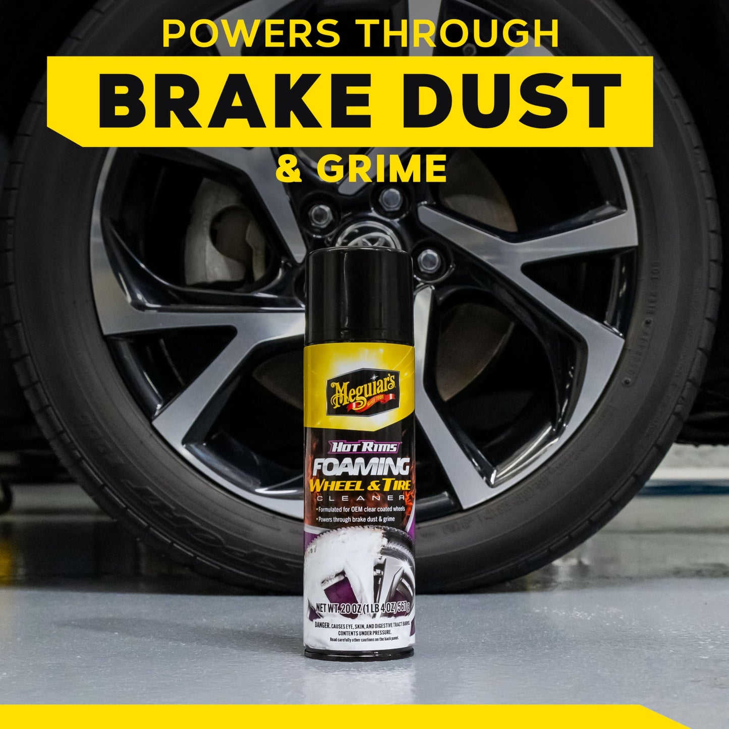 Meguiar's Hot Rims Foaming Wheel & Tire Cleaner - Combines a Wheel and Tire Cleaner in One Product that Quickly Powers through Brake Dust and Grime on OEM Clear Coated Wheels, 20 Oz Foam