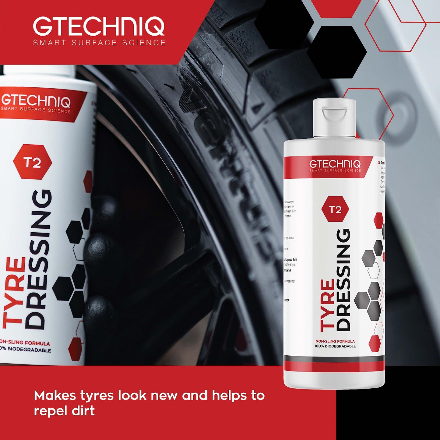 Gtechniq T2 Tyre Dressing for Car Tyre Shine, Car Wheel Cleaner Repels Dirt and Grime, Restores Tyre Black Finish, Anti-Sling Formula, 100% Biodegradable, 250ml