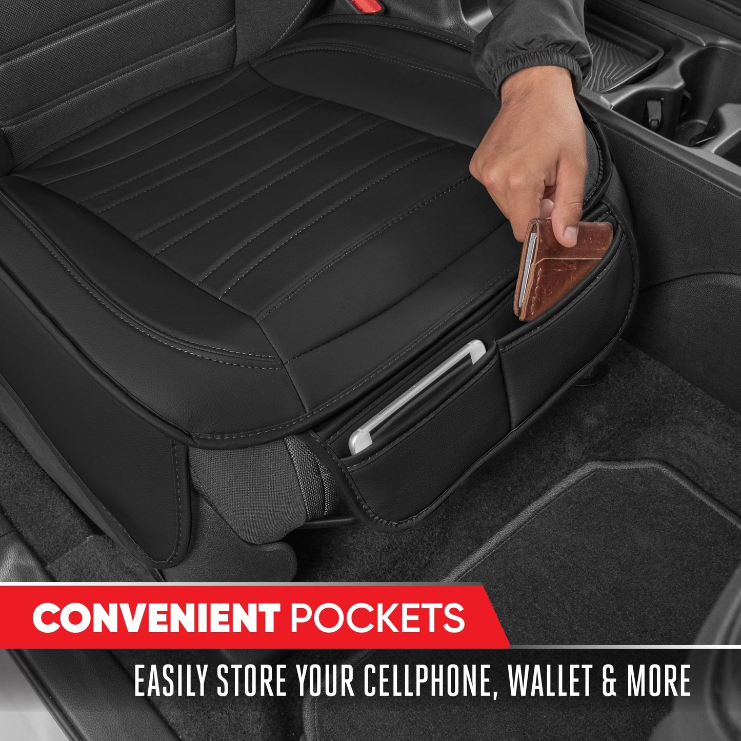 Motor Trend Seat Covers for Cars Trucks SUV, Faux Leather 2-Pack Black Padded with Storage Pockets, Premium Interior Car Seat Cover