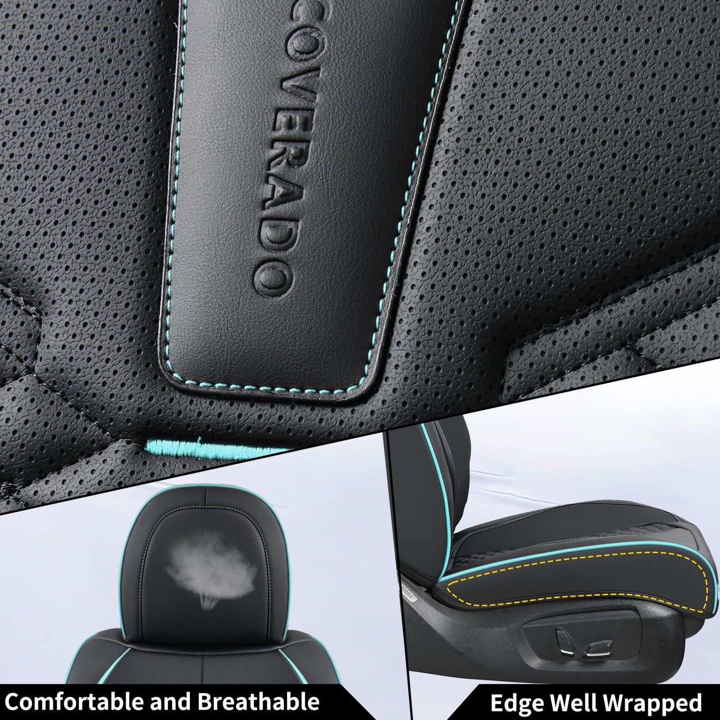 Coverado Leather Seat Covers, Car Seat Covers Full Set, Nappa Leather Seat Covers for Cars, Car Seat Protector Waterproof, Black Car Seat Cover, Universal Seat Cover Fit for Most Cars(Black&Blue)