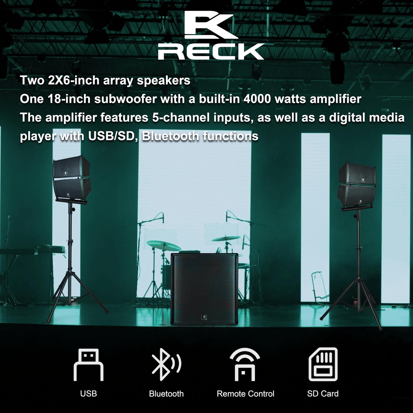 RECK 4000W P.M.P.O Line Array and 18 inch Active Subwoofer Powered PA System | Bluetooth/USB/SD/Remote Control for DJs, Bands, Events,Party