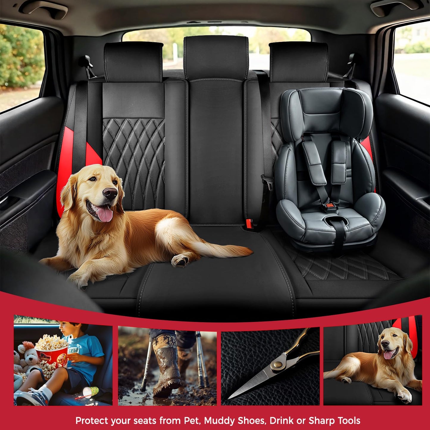 FREESOO Black Red Car Seat Covers Full Set - Faux Nappa Leather Seat Covers for Cars, Breathable Waterproof Front Seats with Lumbar Support and Rear Seat Cover, Fit for Automotive Sedans SUVs Pickups