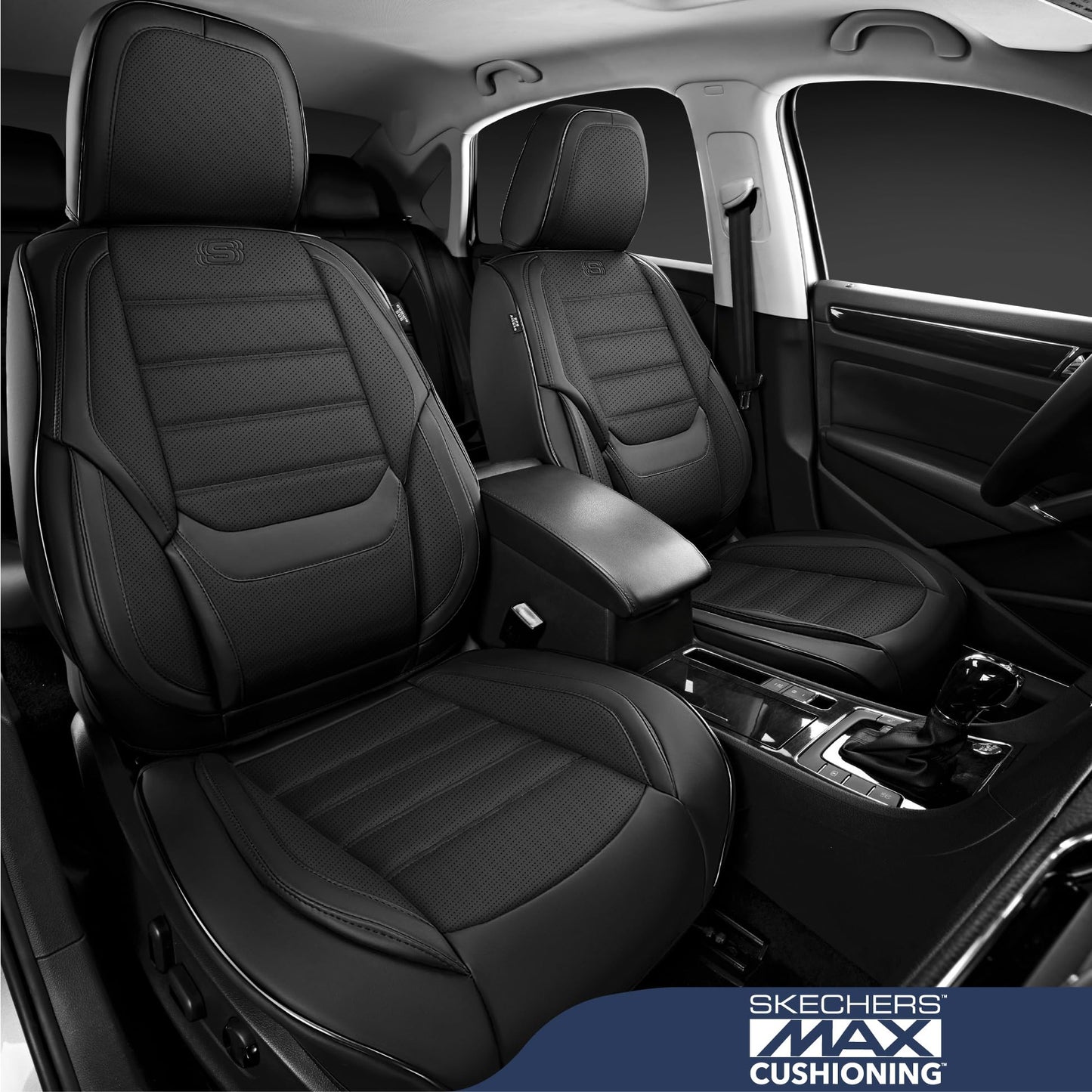 Skechers MAX Cushioning Seat Covers,Memory Foam Leather Car Seat Covers,Waterproof Car Seat Protector Full Sets,Car Seat Cushion Airbag Automotive Universal Fit for Most Cars,Vans,Trucks,SUV,Black