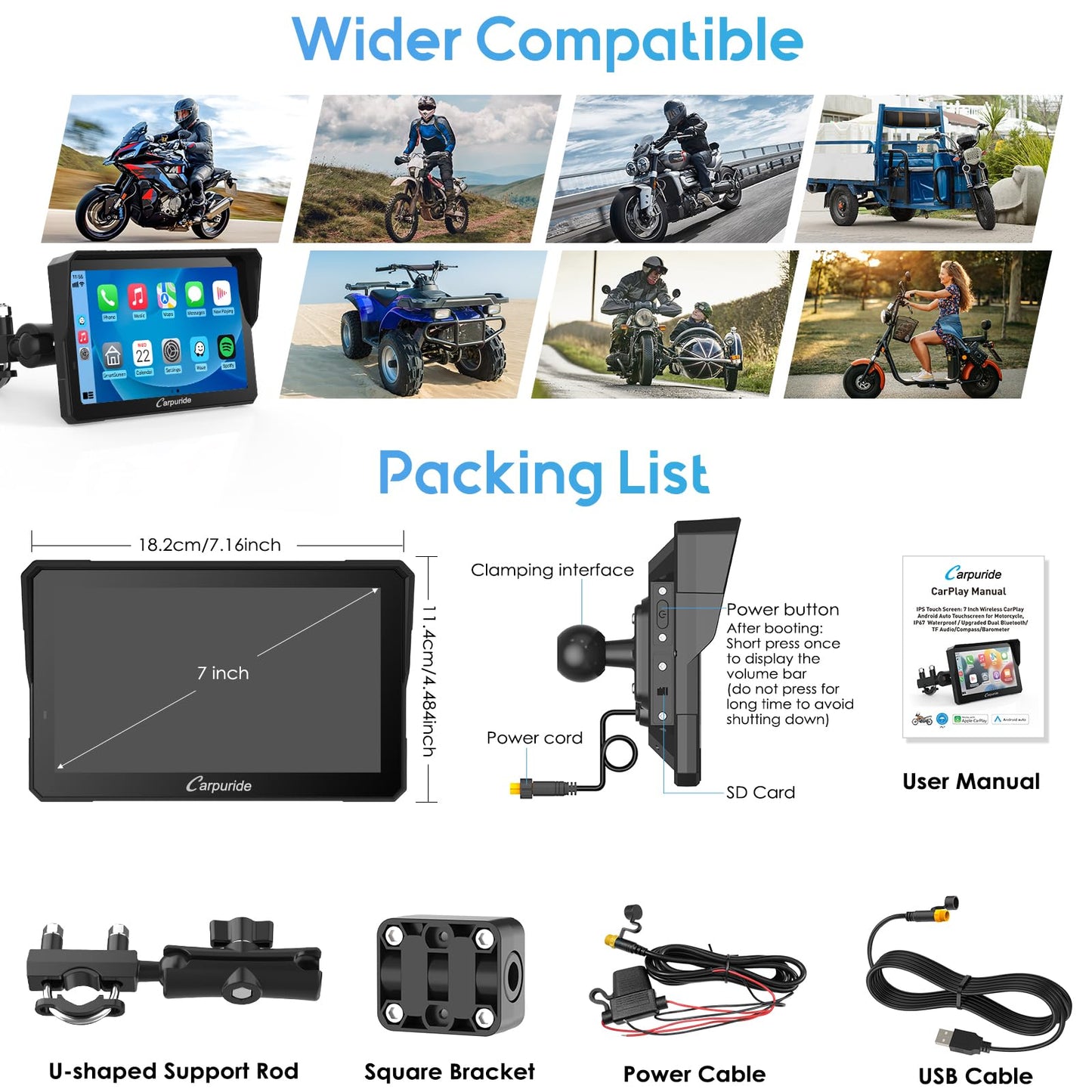 Carpuride W702PRO for Motorcycle CarPlay& Android Auto& Dual Bluetooth - 7" Waterproof GPS Navigation Screen for Motorbike, Music Sharing, Intercom, EQ, Light Sensor, Compass, Barometer