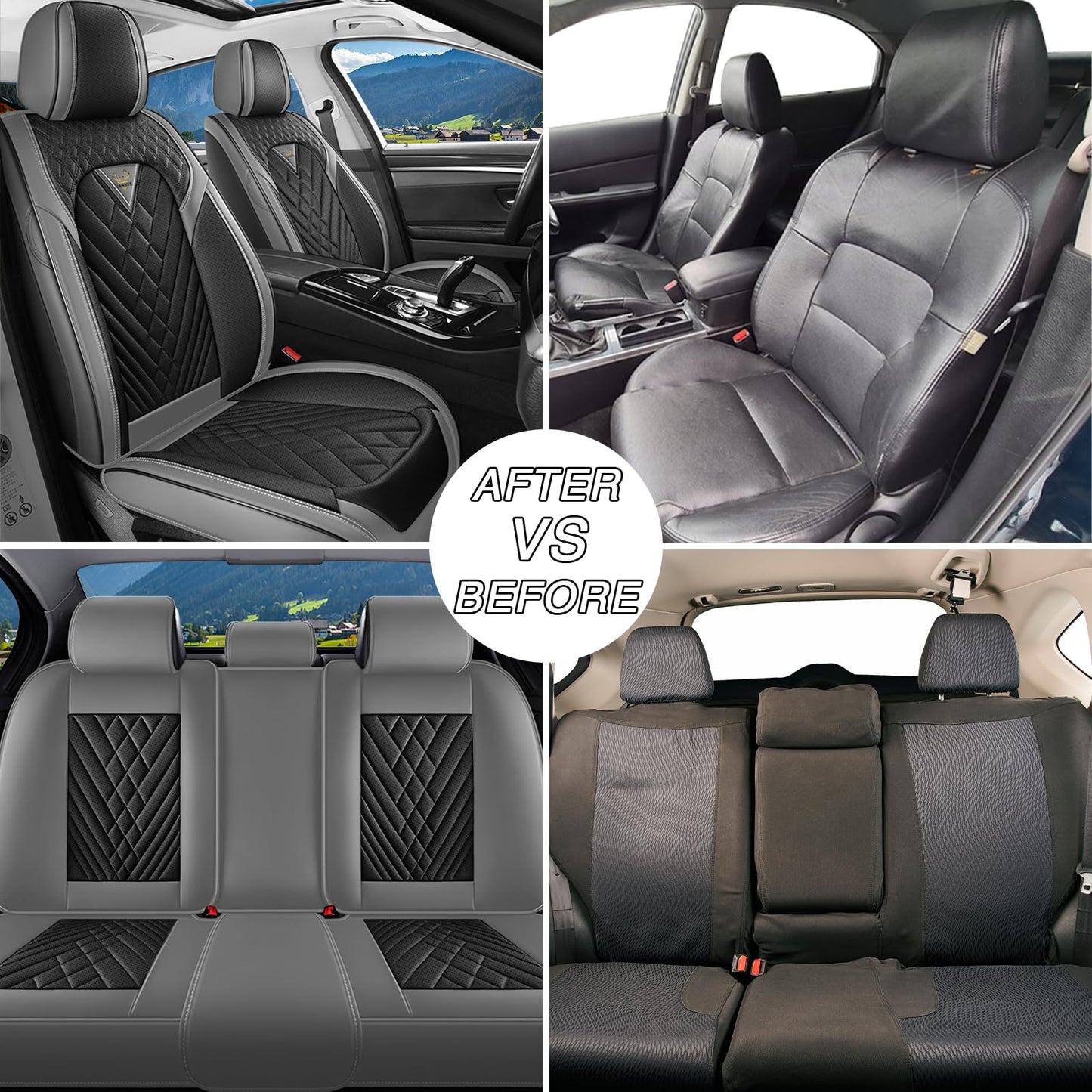 BYXN Leather Seat Covers Full Set,5 Seats Universal Car Seat Protectors,Easy to Install Cover Set,Waterproof Car Seat Covers Car Seat Cushions Fit for Most Cars SUVs and Trucks(5 Seats,Gray-Black)