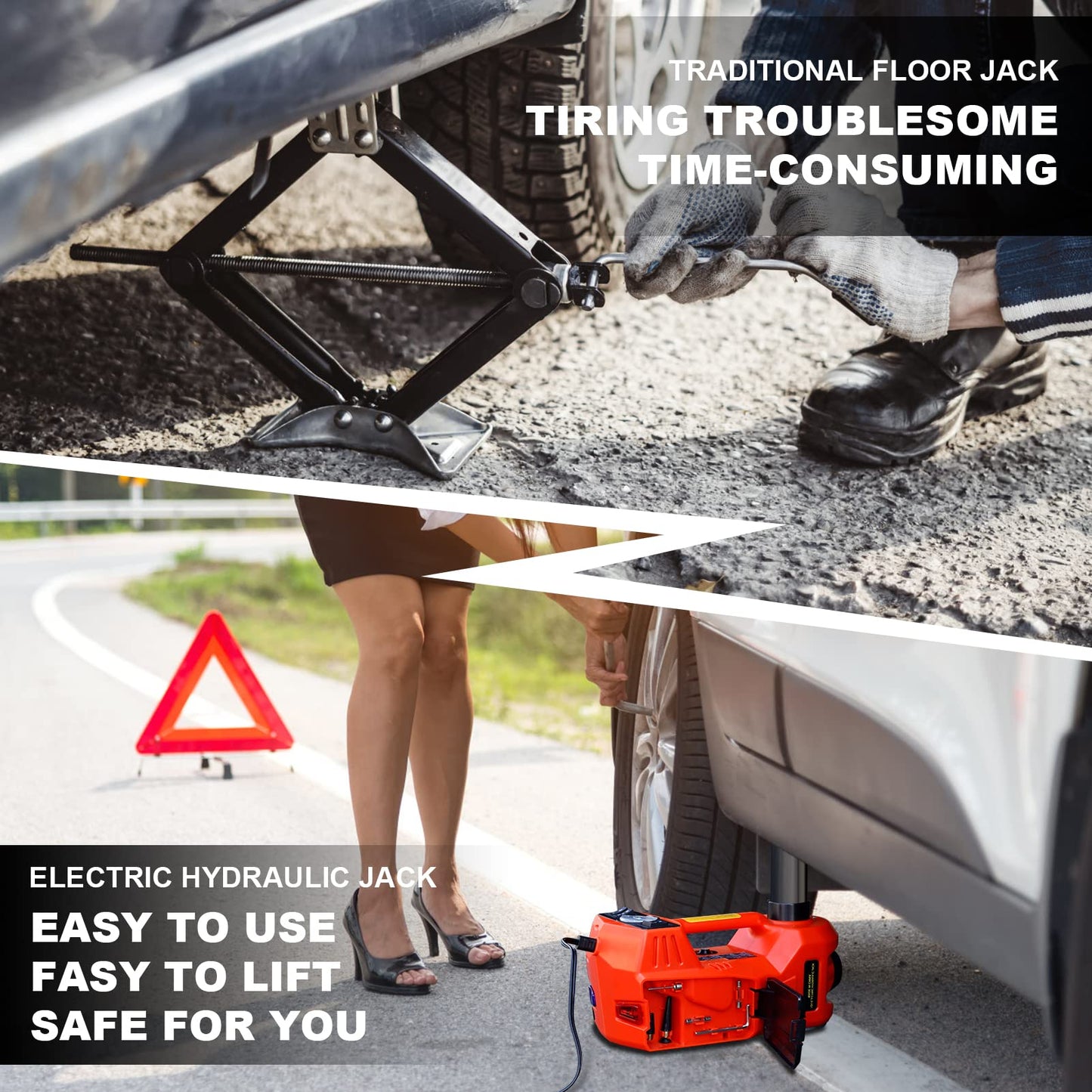 TYAYT 5 Ton Electric Hydraulic Car Jack Kit, Portable with LED Light, Compatible with Car, SUV, Truck, Lifting Range 6-17.7 Inches (Red)