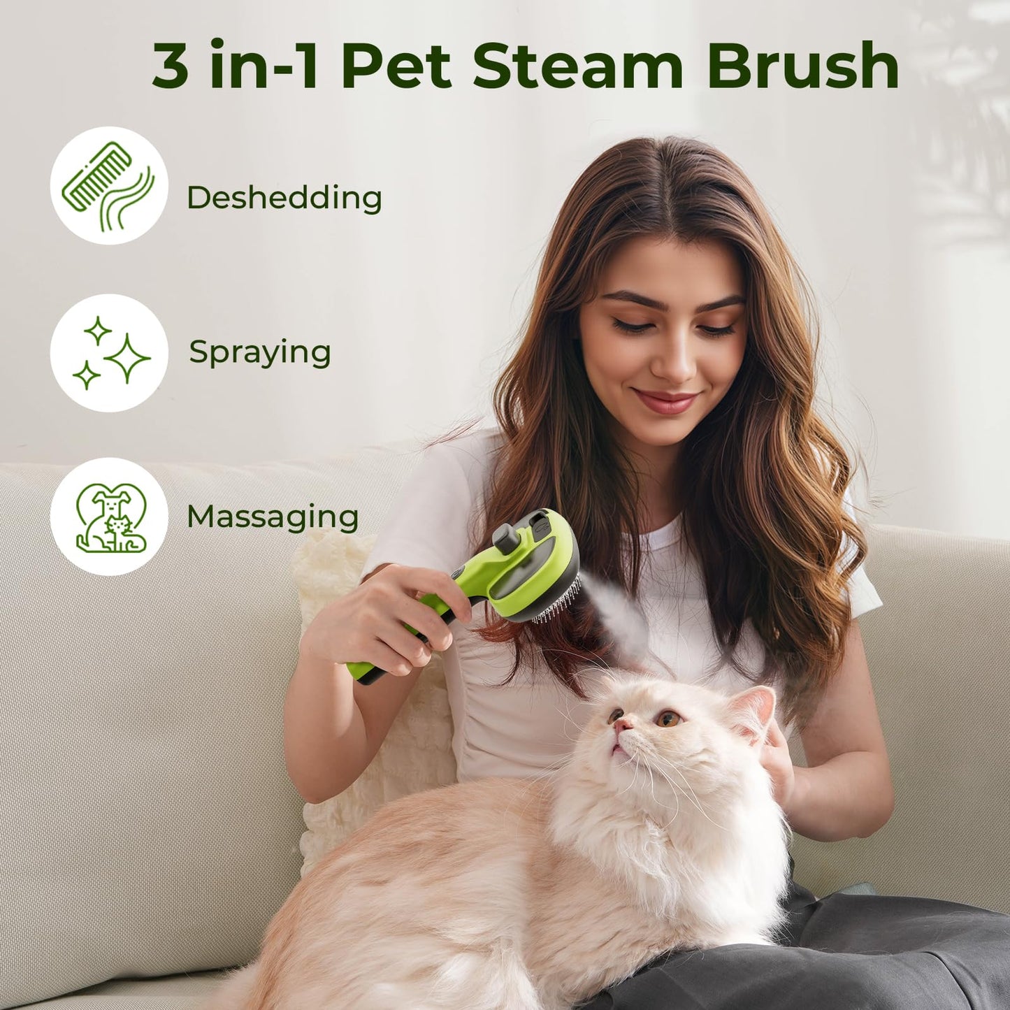 Pecute Cat Steam Brush, Self-Cleaning Steam Cat Brush with 2 Water Spray Modes, Large Capacity Tank, Steaming Renu Dog Brush for Shedding Massaging Grooming, Cool Mist Only