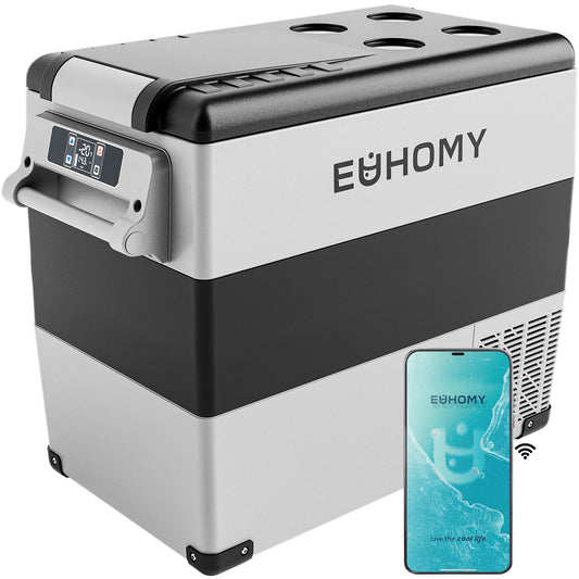 EUHOMY 12 Volt Refrigerator, 59QT(55L) Electric Cooler, 12V Fridge APP Control, 12V Cooler -4℉~68℉, Portable Freezer 12/24V DC 100-240V AC for Camping, Travel, Truck, Home