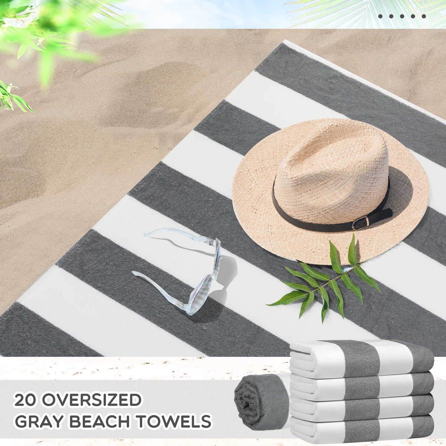 Tranqun 20 Pack Oversized Striped Beach Towels Bulk 30 x 70 Inch Quick Dry Large Beach Pool Towel Absorbent Soft Swim Towels Set for Beach Gym Hiking Pool Backpacking Bath Yoga White Grey