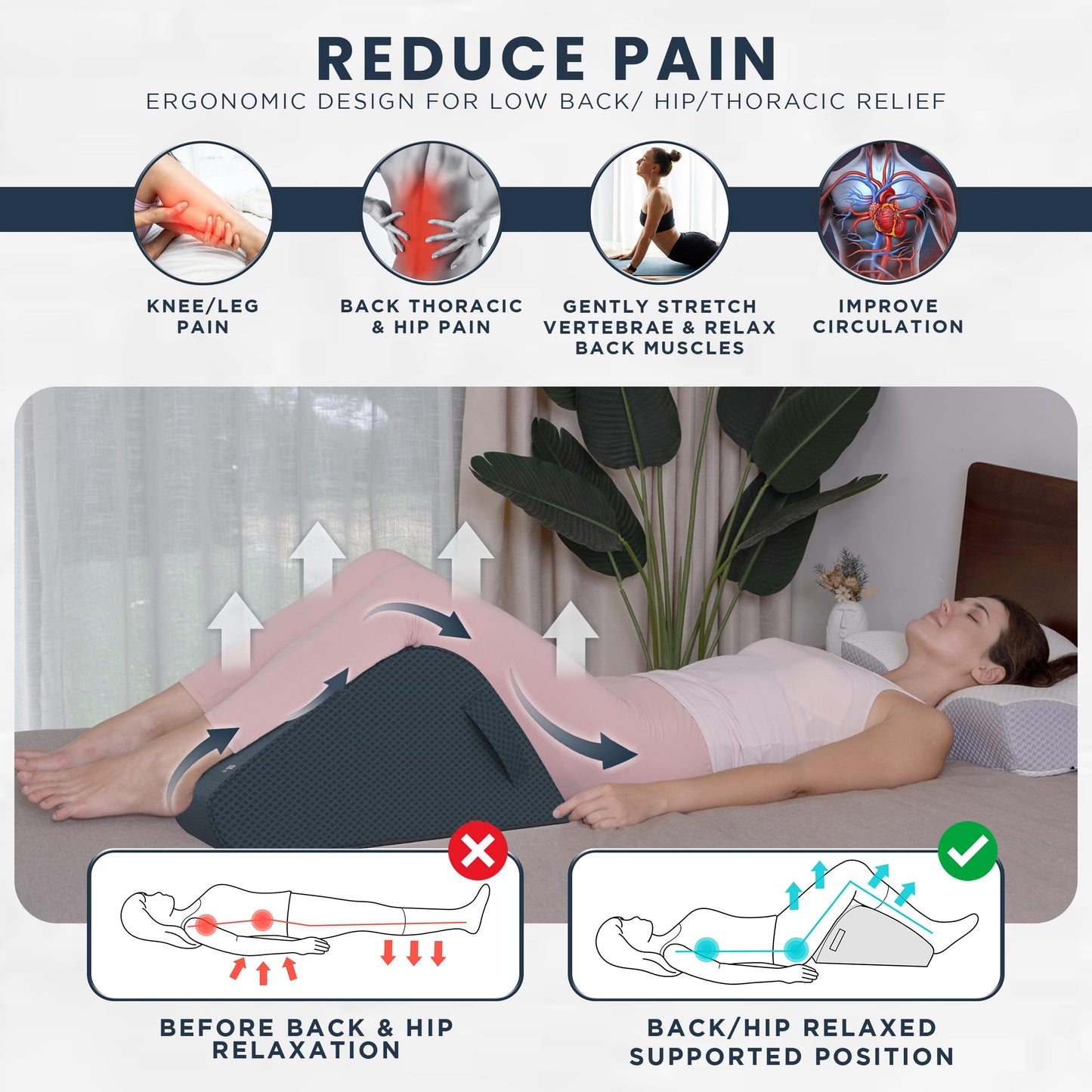 Zen Bloks Patented Leg Elevation Wedge Lift Pillow Foam 10"- for Ergonomic Back Pain Relief - Knee Pillow for Leg Pain - Post Surgery/Workout Recovery, Firm Support, Height Range 5'7"-5'11" (Gray)