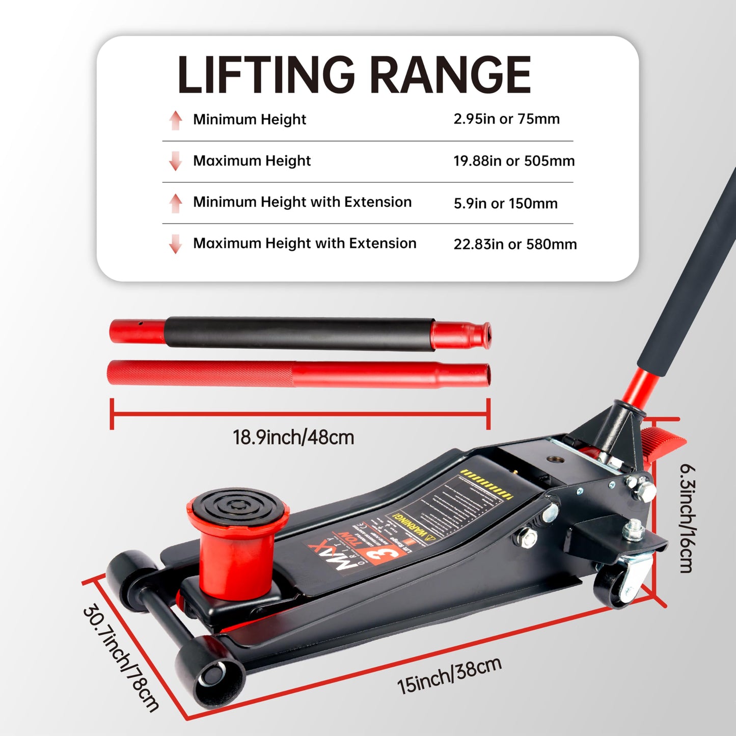 3-Ton (6600lbs) Low-Profile Dual Pistons Heavy-Duty Steel Racing Floor Jack with Quick Lift Hydraulic Pump, Foot Pedal and Extension Adapter for Car Maintenance