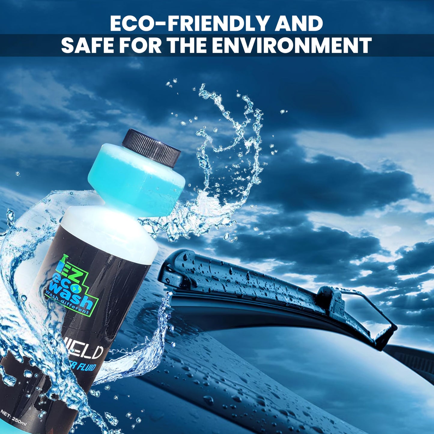 EZ eco wash Windshield washer fluid concentrate - 1:200 High-strength formula (250ml) with built-in pump - Removes dirt, bugs, and oil - safe for all surfaces, Ammonia-free
