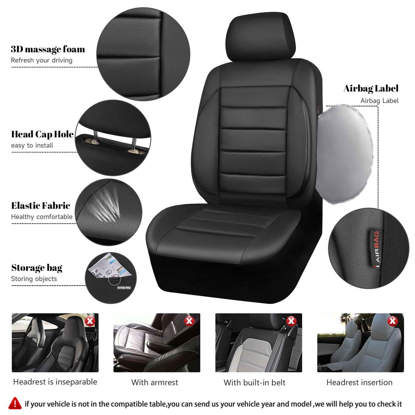 CAR PASS Faux Leather Car Seat Covers Front Seats Only, 3D Foam Support Car Seat Covers, Universal fit for Trucks Vans SUVs Sedans Automotive Comfortable, Airbag Compatible 2 Pieces Front Solid Black