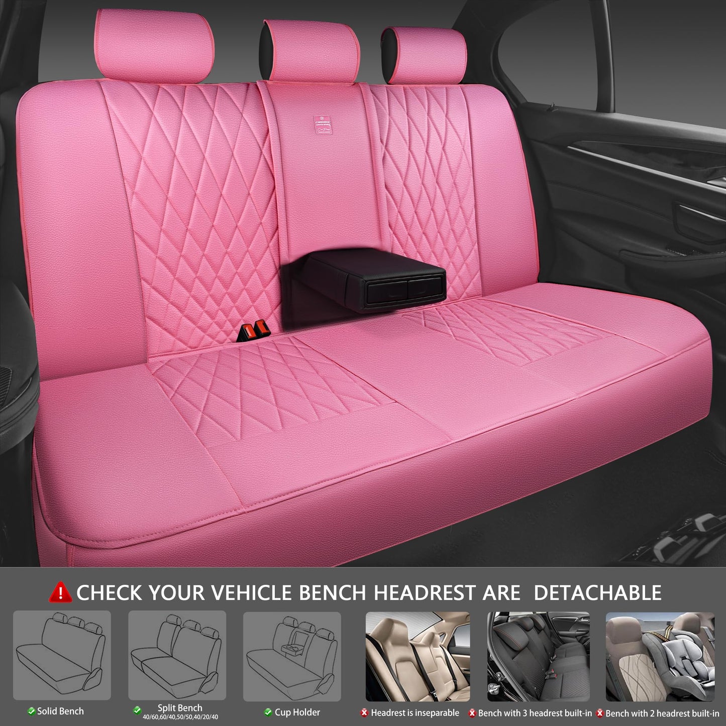 CAR PASS 5 Seats Piping Luxury Leather Seat Covers Full Set, Anti-Slip Waterproof Seat Covers Compatible with Front Armrests, Universal Fit for Suvs,Vans,Trucks,Airbag Compatible, Pure Pink